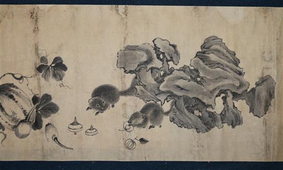 A Chinese ink painted hand scroll, 18th century, 32cm x 391.5cm, old repairs